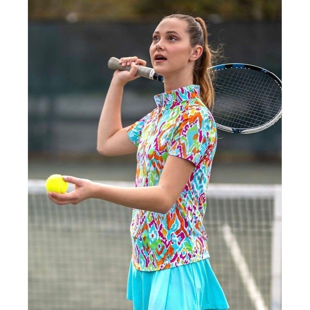 IBKUL Tillie Mock Neck Zip Top Short Sleeve Seafoam Sun Shirt
